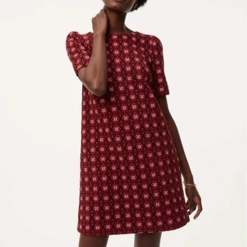 LOFT Red and Black Jacquard Shift Dress | Small